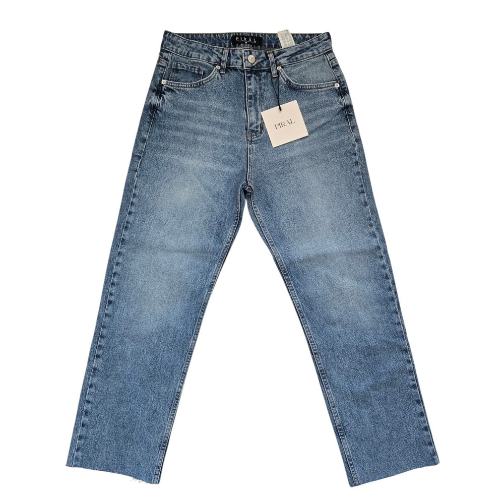 PIRAL Women's Blue Denim Straight Leg High Rise‎ Raw Hem Crop Jeans  Size M 6